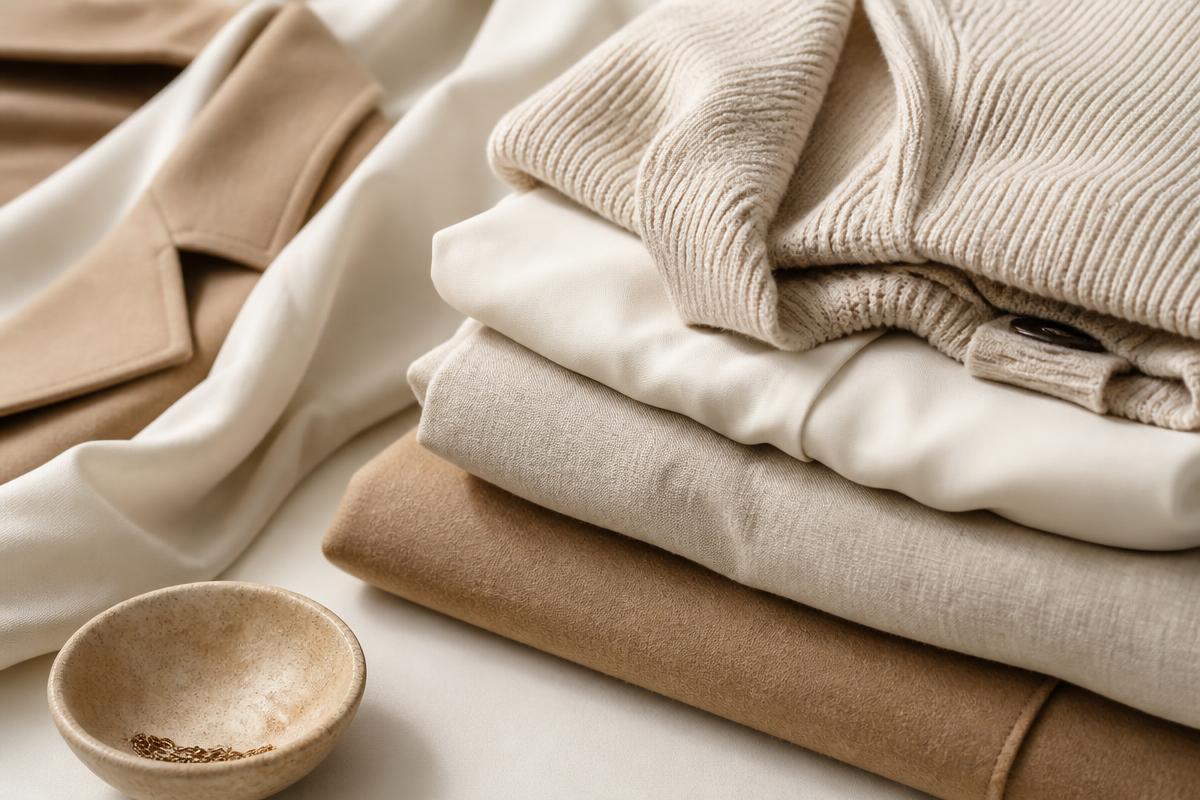 Folded neutral cashmere, silk and linen garments